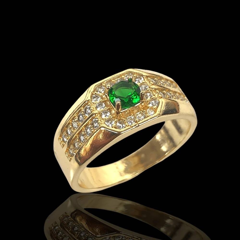 LAMINATED Gold Mens Green Stone Signet Ring Emerald Color Statement Band SIZE 11